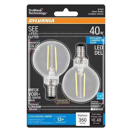 Sylvania Sylvania Truwave G16.5 E12 (Candelabra) LED Bulb Daylight 40 Watt Equivalence 2 pk 40849